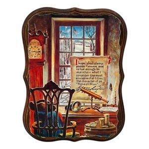 Vintage George Washington Quote Lithographed Wood Plaque Winter Scene 12x9”